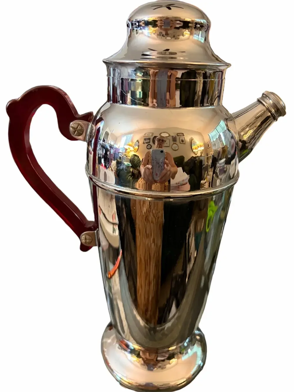 Art Deco chrome vintage cocktail shaker Bakelite red handle. 12” high